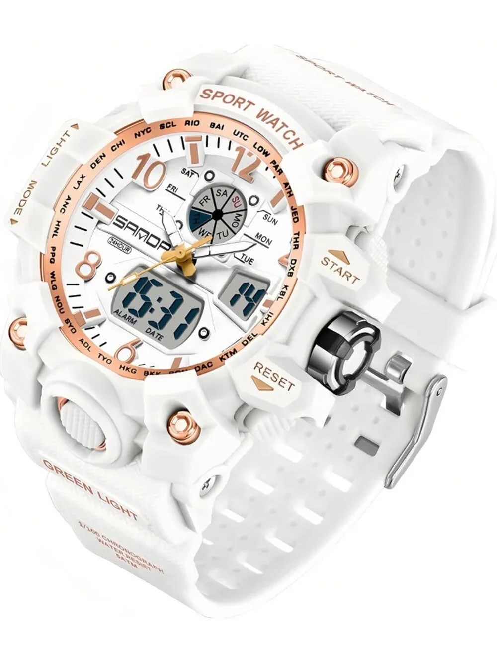 Women's White Rose Gold LED Light Large Face Analog Multifunctional Wrist Watch